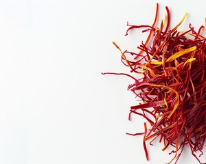 A pile of saffron threads isolated on white background. Saffron is a spice derived from the saffron...