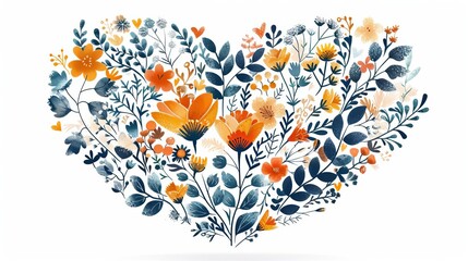 An watercolor illustration of a heart-shaped bouquet of spring orange and yellow flowers