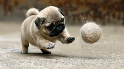 Obraz premium A tiny Pug toyily engages with a ball of wool on a concrete floor, surrounded by a brick wall