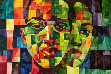 A portrait of a womans face created using vibrant squares of various colors, forming a striking and abstract composition