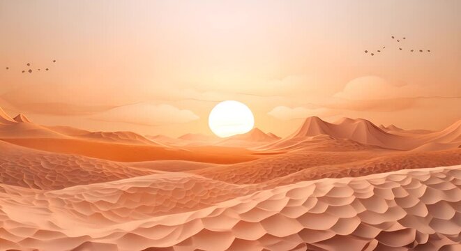 Paper-cut style barren landscape with no trees, realistic 3D desertification theme, minimalist, blurred background,