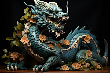 A dragon statue is perched atop a table in this scene