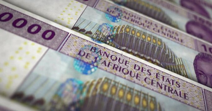 Central African CFA Franc money Cameroon Chad Congo Gabon banknote loop. 10000 XAF money texture. Concept of economy, business, crisis, banking and finance. Over note loopable seamless 3d.
