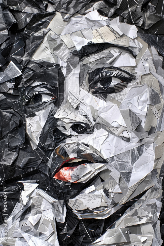 Poster a close-up view of a portrait of a womans face created using intricate pieces of paper meticulously 