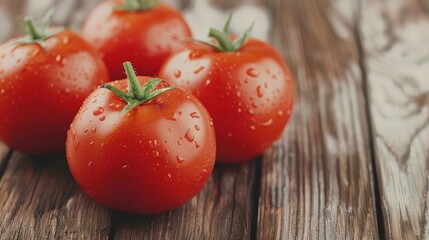   Four tomatoes, arranged on a wooden table, feature beads of water atop their surfaces