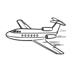Simple linear black ink hand drawn airplane. Sketch vector illustration.