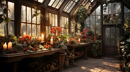 Beautiful interior of a greenhouse with flowers and candles, panorama