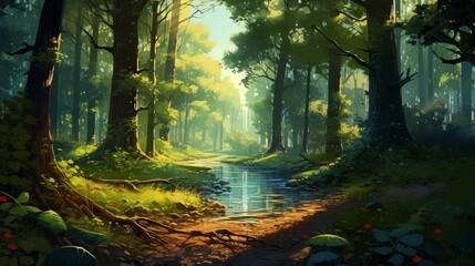 Fototapeta premium The morning sun illuminating a stream in the forest