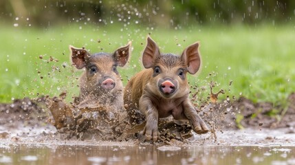 Fototapeta premium Two small pigs frolic in a mud puddle amidst a lush grassy scene, surrounded by emerald grass and towering trees in the backdrop