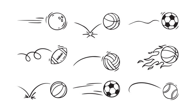  Doodle sport ball trajectory bounce collection. Line hand drawn balls set
