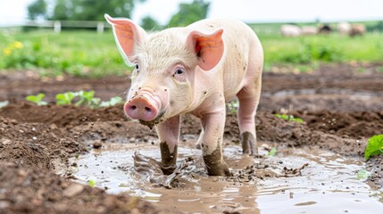   A tiny pig stands in a muddy puddle, midst a field's backdrop, surrounded by other animals