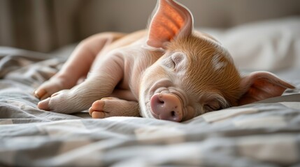   A small pig lying on a white and gray bedspread atop a bed