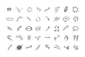 Doodle hand drawn cute cartoon expression sign. Line curve arrows, emoticon elements, symbols