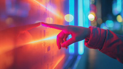 A human finger is about to touch a neon light abstract data screen, showcasing a connection between human and data