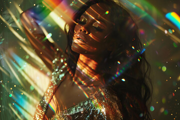 beautiful black woman with long hair in a glitter dress, with sunlight and a rainbow prism lighting effect. The photo is photo realistic and cinematic, in the style of fashion photography