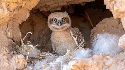 Fototapeta premium A small owl in a cave, gaze fixed on the camera with widened eyes and an enchanting smile