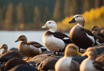 Obraz premium A Eider ducks grace the shores of Alaska, their presence adding life to the tranquil coastal landscape. The image beautifully captures the harmony between wildlife and nature.
