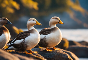 A Eider ducks grace the shores of Alaska, their presence adding life to the tranquil coastal landscape. The image beautifully captures the harmony between wildlife and nature.