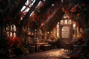 A panoramic shot of an old greenhouse with flowers in the foreground - Powered by Adobe