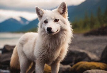 Obraz premium A pristine white fox, poised in its natural hunting stance on the rugged Alaskan coast. The image beautifully captures the raw survival instincts.