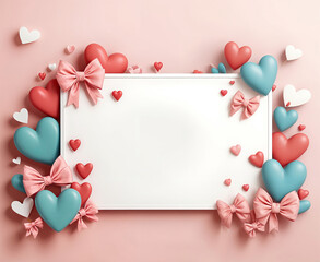 A pink and white frame with pink bows, red and blue heart-shaped balloons, and scattered heart confetti on a pink background