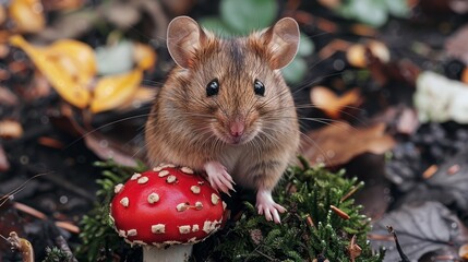   A rodent atop a red-capped mushroom, paws forward
