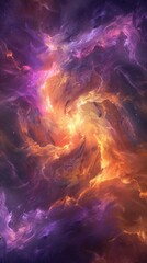 This image captures a mesmerizing blend of purple, red and yellow hues swirling together in a galactic nebula