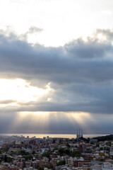 dawn, colored sky, morning city, sky, mountains, houses