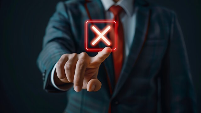 Businessman touching holographic cancel icon.
