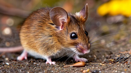   A tight shot of a small rodent on the ground, holding a morsel of food in its mouth