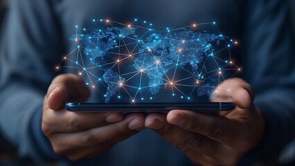 A businessman holds a mobile phone and displays a world map hologram. Big data analysis and business intelligence concept.
