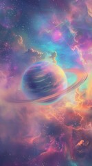 A mesmerizing digital artwork of a purple Saturn-like planet amidst a nebulae-filled starry sky, evoking wonder