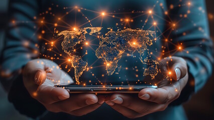 A businessman holds a mobile phone and displays a world map hologram. Big data analysis and business intelligence concept.