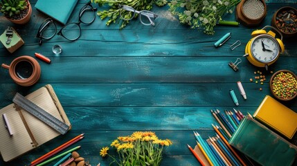 table with school supplies teacher's day background