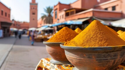   A table holds a collection of bowls brimming with yellow powder, positioned in front of a building boasting a clock tower as its backdrop