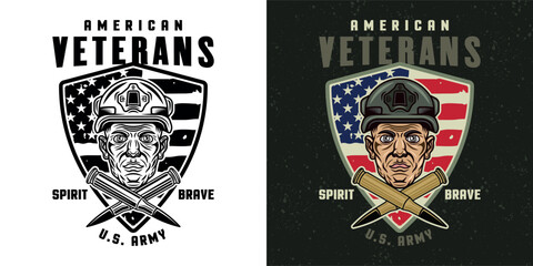 American veterans vector emblem with soldier head and two crossed bullets in two styles black on white and colored