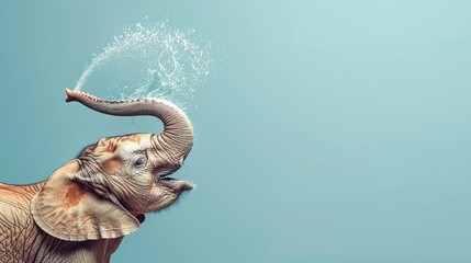   An elephant sprays water over its head with its trunk against a light blue background