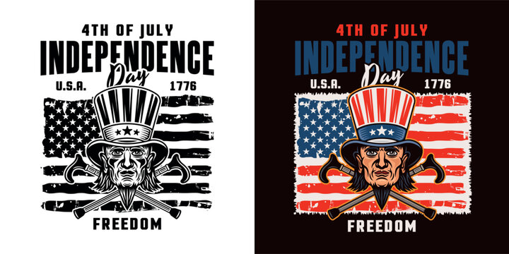 Independence day of USA vector emblem with uncle Sam head. Illustration in two styles, black on white and colored on dark background