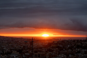 dawn, colored sky, morning city, sky, mountains, houses