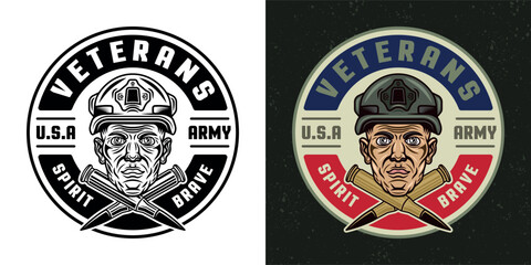 American veterans vector emblem with soldier head and two crossed bullets in two styles black on white and colored