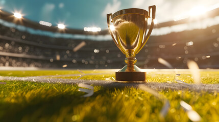 Golden Trophy on Green Grass on Spotlight Background with Golden Confetti Falls, Victory...