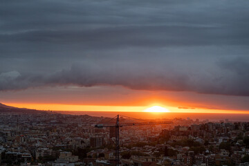 dawn, colored sky, morning city, sky, mountains, houses