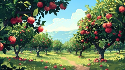 A tranquil dirt path winds through a vibrant apple orchard, with ripe fruit dangling from the branches under a clear blue sky.