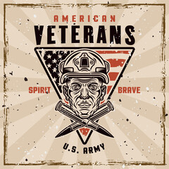 American veterans vector emblem with soldier head and two crossed bullets in vintage style. Illustration on background with removable grunge textures on separate layers