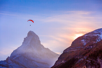 Paraglider over Matterhorn, Swiss Alps, Switzerland