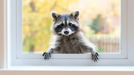   Raccoon at window's edge, paws touching sill Blurred treeback ground