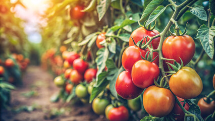 A vibrant display of ripe tomatoes hanging from lush bushes in a home farm’s vegetable garden. The image beautifully captures the bounty of nature and the joy of home gardening.