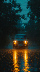 A car is driving down a wet road at night