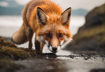 Obraz premium A vivid red fox, poised in its natural hunting stance on the rugged Alaskan coast. The image beautifully captures the raw survival instincts and the striking beauty of wildlife in its natural habitat.