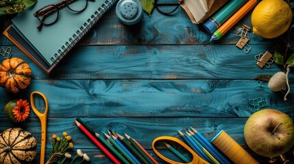 top view of the teacher's desk on which there are books, pens, glasses, a piece of paper, pencils,chalk ruler, pencil case, teacher's day background